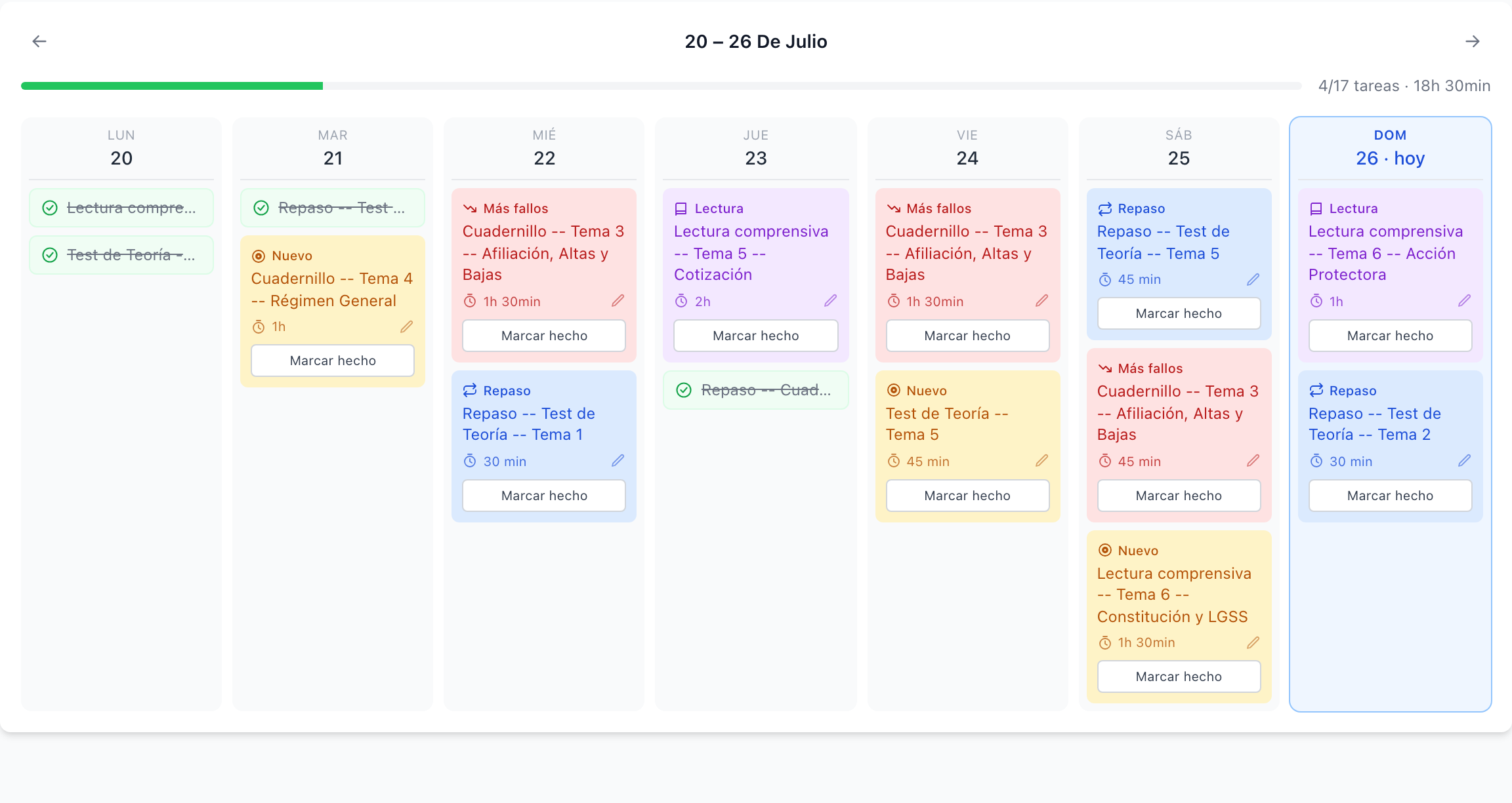 Calendario semanal de Método ADOC con tareas nuevas, repasos y refuerzos
